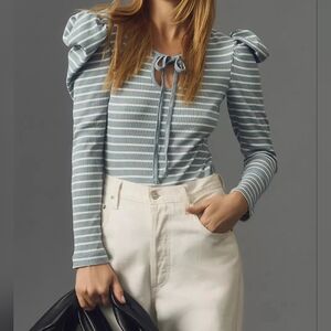 Porridge For Anthropologie Blue/White Striped Puff Sleeve Blouse XL Tied V-neck